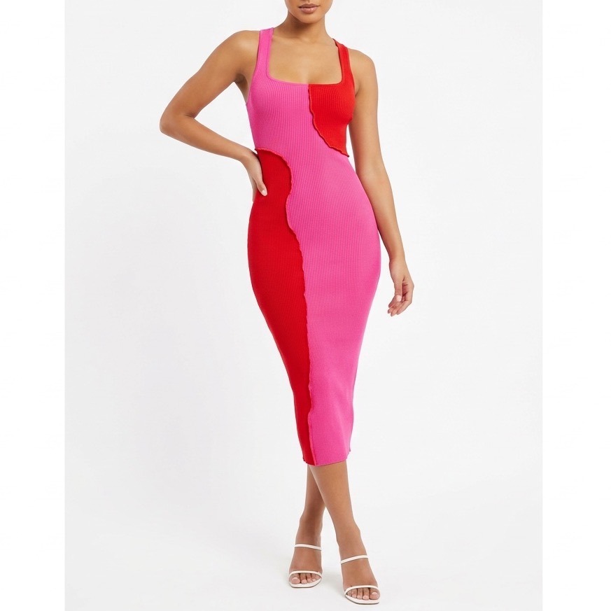 Naked Wardrobe Pink Red Colorblock Ribbed Racerback Midi Dress Xs
